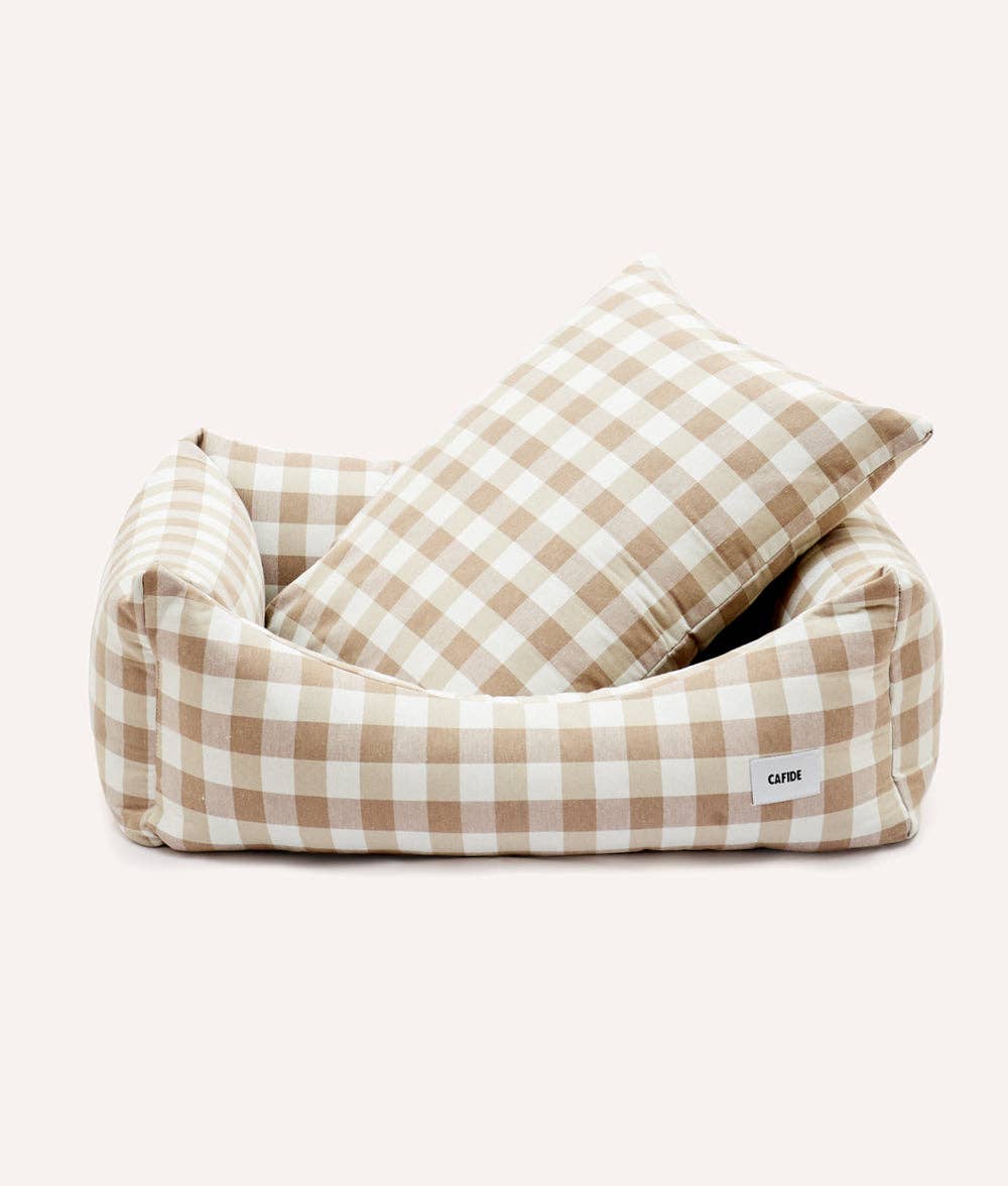 CAFIDE - Vichy Beige Hondenbed, Snozy – Hondenmand van CAFIDE | Hondenboetiek