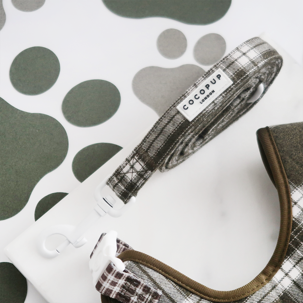Olijfkleurige Check Lead – Leiband van Cocopup London | Hondenboetiek