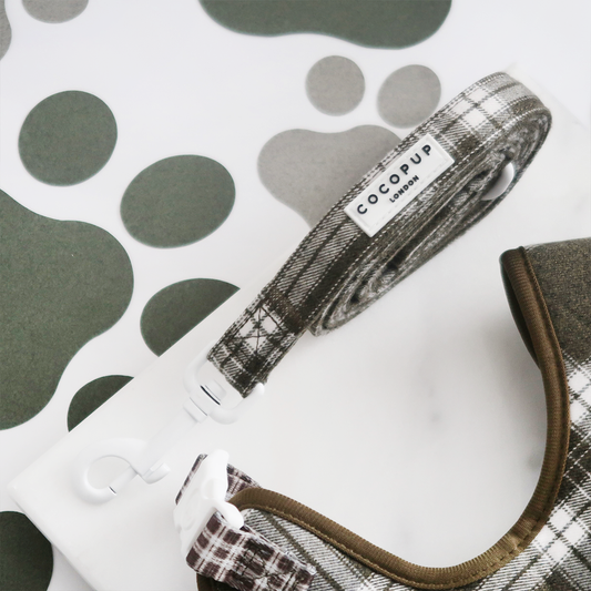 Olijfkleurige Check Lead – Leiband van Cocopup London | Hondenboetiek